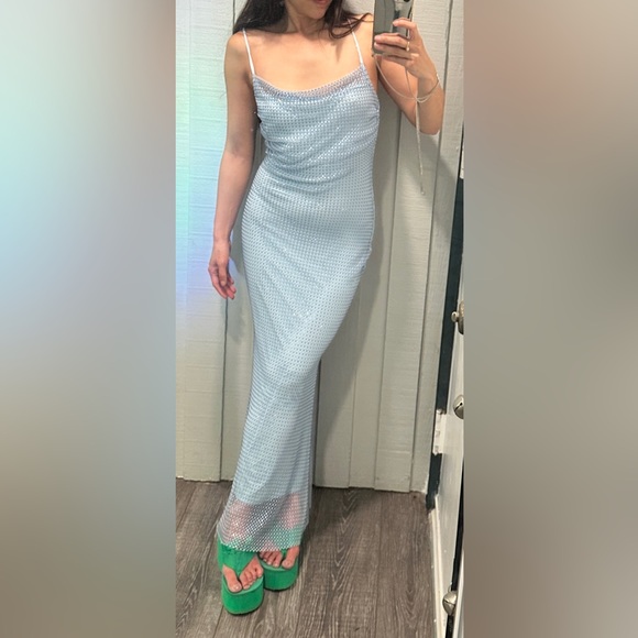 Debase De Base Rhinestone Fishnet Crystal Mesh Overlay Maxi Dress M Blue - Picture 2 of 14